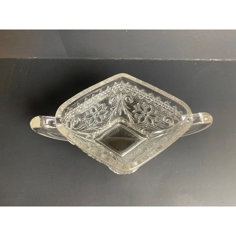 Vintage Clear Pressed Glass Sugar Bowl Diamond Point Floral Scroll Double Handle